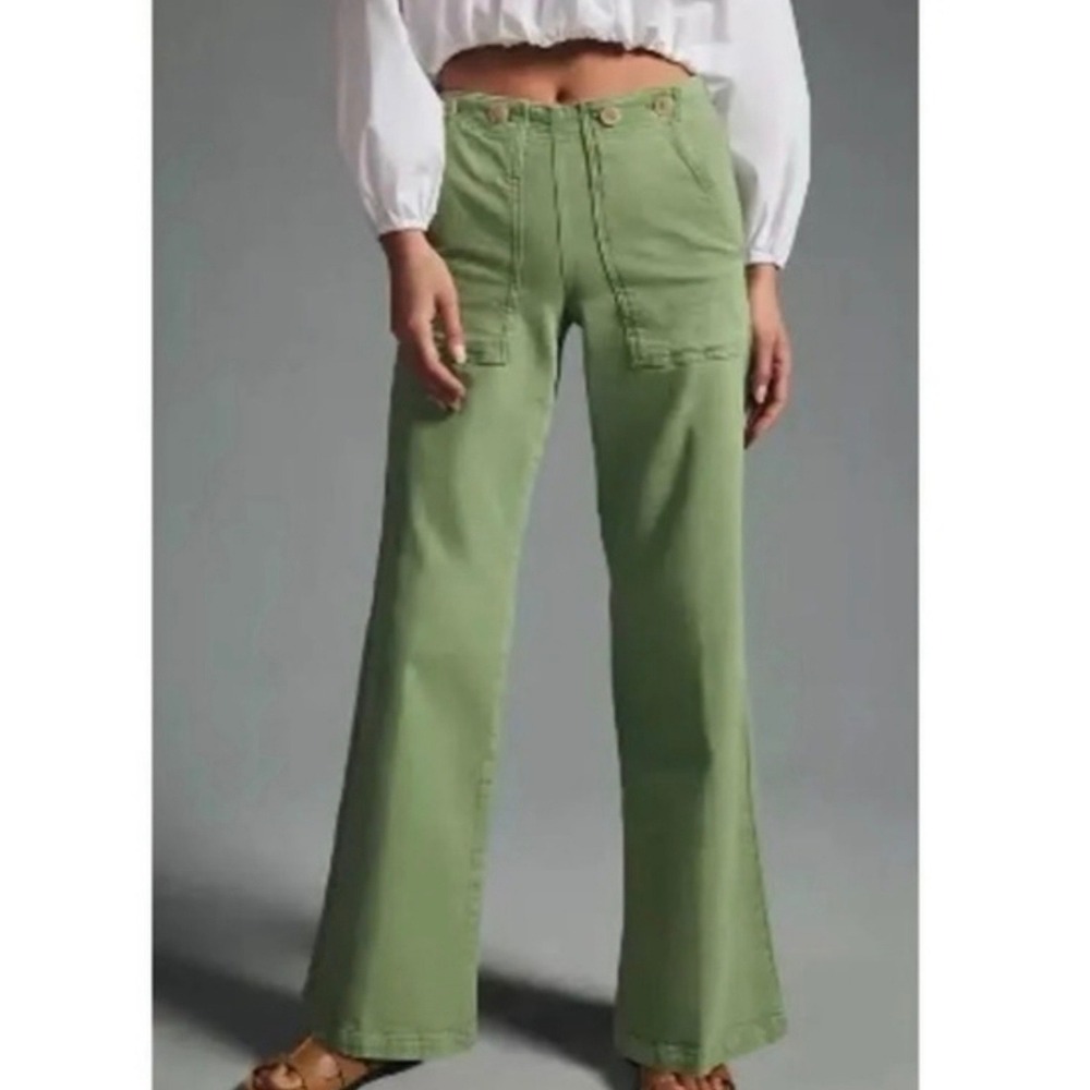 E4 Anthropologie Pilcro Sage Green Wide Leg Button Front Cinch Back Pants Sz 28 - Picture 2 of 6